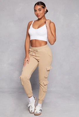 Womens Fleece High Waist Drawstring Cargo Joggers, L