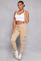 Womens Fleece High Waist Drawstring Cargo Joggers, L