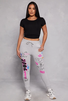 Womens Graphic Print Joggers, Grey, Size M