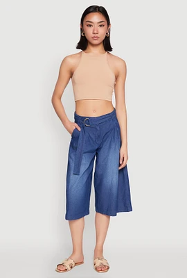 Womens Belted Front Chambray Culottes, Blue, Size XL