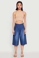 Womens Belted Front Chambray Culottes, Blue, Size XL