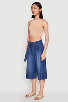 Womens Belted Front Chambray Culottes, Blue, Size XL