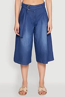 Womens Belted Front Chambray Culottes, Blue, Size XL