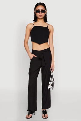 Womens Tie Waist Belted Cargo Pants, Black, Size S