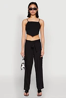 Womens Tie Waist Belted Cargo Pants, Black, Size S