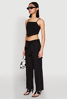 Womens Tie Waist Belted Cargo Pants, Black, Size S