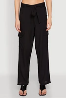 Womens Tie Waist Belted Cargo Pants, Black, Size S