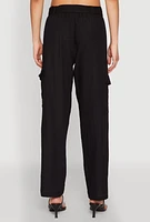 Womens Tie Waist Belted Cargo Pants, Black, Size S