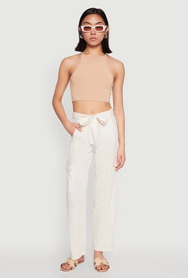 Womens Tie Waist Belted Cargo Pants, White,