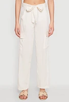 Womens Tie Waist Belted Cargo Pants, White,