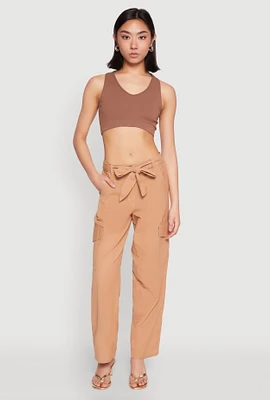 Womens Tie Waist Belted Cargo Pants, Khaki, Size L