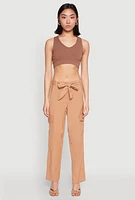 Womens Tie Waist Belted Cargo Pants, Khaki, Size L