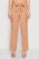 Womens Tie Waist Belted Cargo Pants, Khaki, Size L
