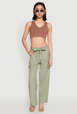 Womens Tie Waist Belted Cargo Pants,