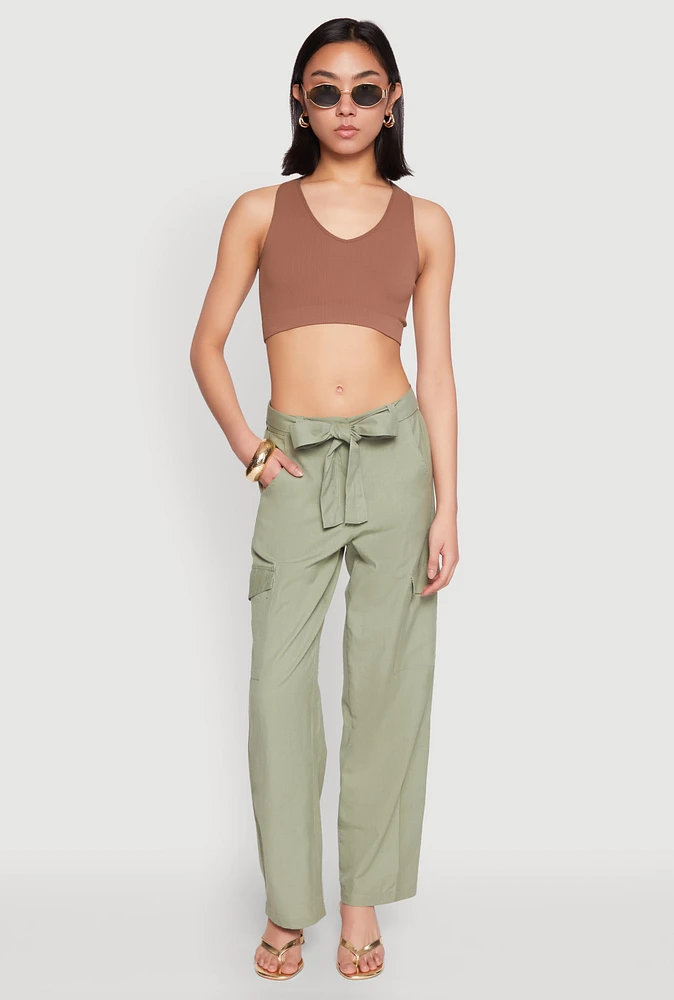 Womens Tie Waist Belted Cargo Pants, XL