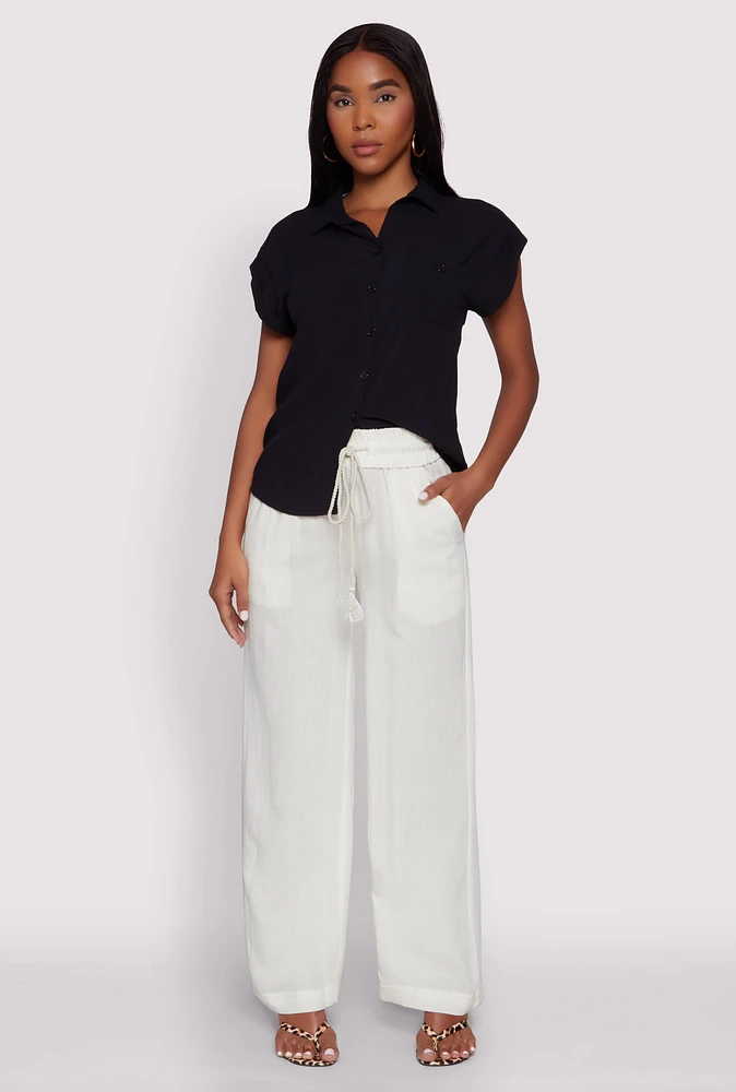 Womens Linen High Waisted Pants, White, Size M