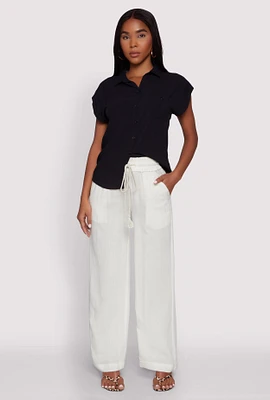 Womens Linen High Waisted Pants, White, Size M