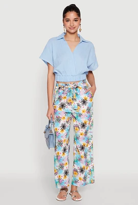 Womens Tropical Print Paper Bag Waist Pants, Multi,