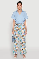 Womens Tropical Print Paper Bag Waist Pants, Multi, Size L