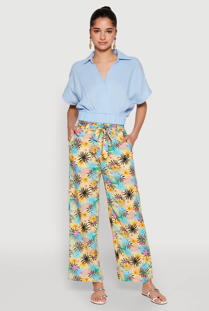 Womens Tropical Print Paper Bag Waist Pants, Multi, Size XL