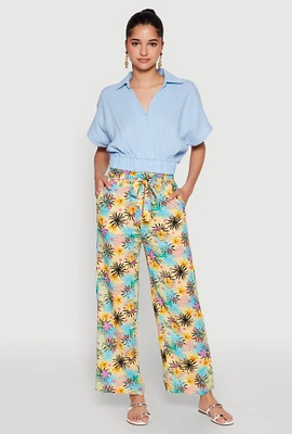 Womens Tropical Print Paper Bag Waist Pants, Multi, Size XL