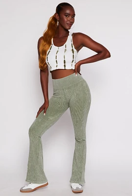 Womens Ribbed High Waist Flare Yoga Pants, Green, Size L