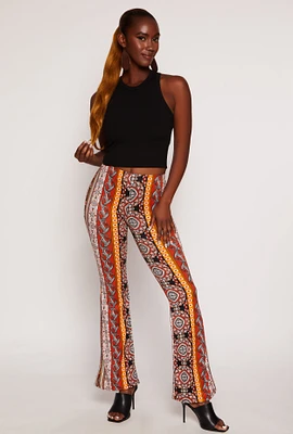 Womens Paisley Border Print High Waisted Flare Pants, Multi, Size M