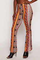 Womens Paisley Border Print High Waisted Flare Pants, Multi, Size M