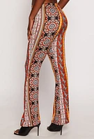 Womens Paisley Border Print High Waisted Flare Pants, Multi, Size M