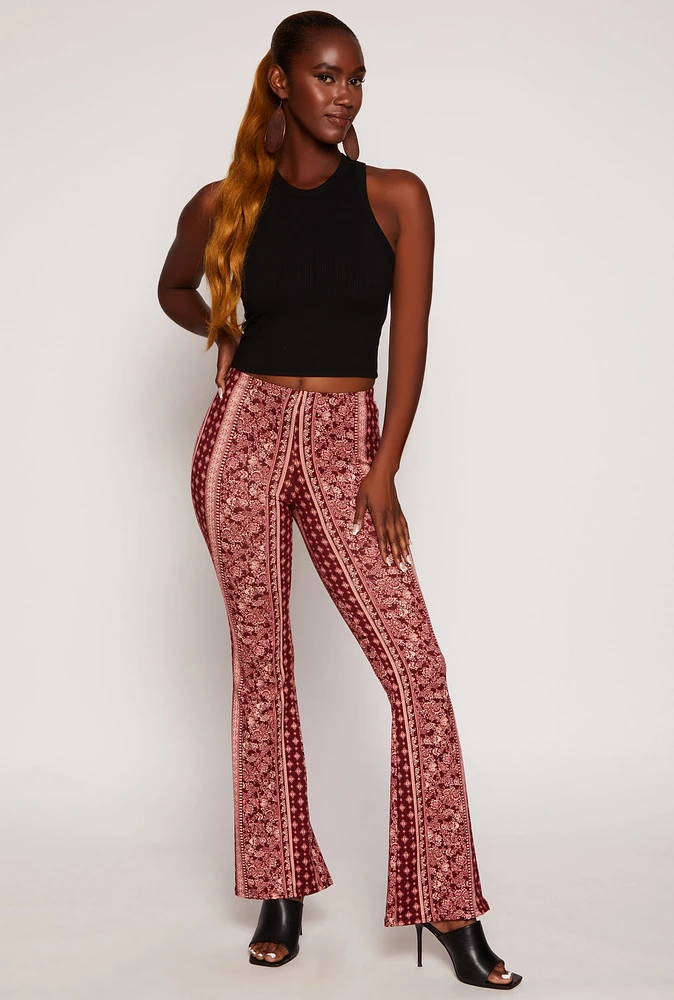 Womens Paisley Border Print High Waisted Flare Pants, Burgundy,