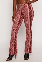 Womens Paisley Border Print High Waisted Flare Pants, Burgundy,