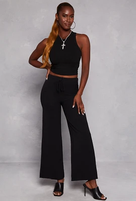 Womens Airy Crepe Knit Pull On Wide Leg Pants, Black, Size L