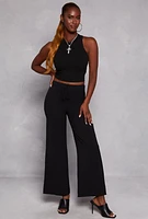 Womens Airy Crepe Knit Pull On Wide Leg Pants, Black, Size L