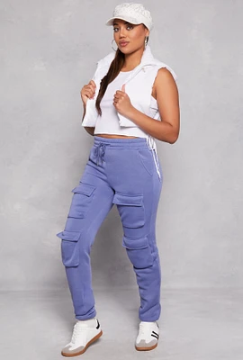 Womens Fleece Drawstring Double Cargo Pocket Joggers, Blue, Size L