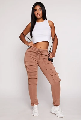 Womens Fleece Drawstring Double Cargo Pocket Joggers, Khaki, Size S