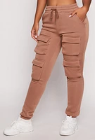 Womens Fleece Drawstring Double Cargo Pocket Joggers, Khaki, Size S