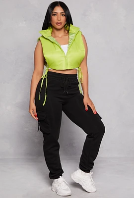 Womens Fleece Drawstring High Waist Cargo Pocket Joggers,