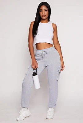 Womens Fleece Drawstring High Waist Cargo Pocket Joggers, Grey, Size M