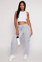 Womens Fleece Drawstring High Waist Cargo Pocket Joggers, Grey, Size M