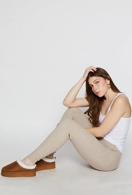Womens Brushed Knit Shadow Stripe High Waist Leggings, Khaki,
