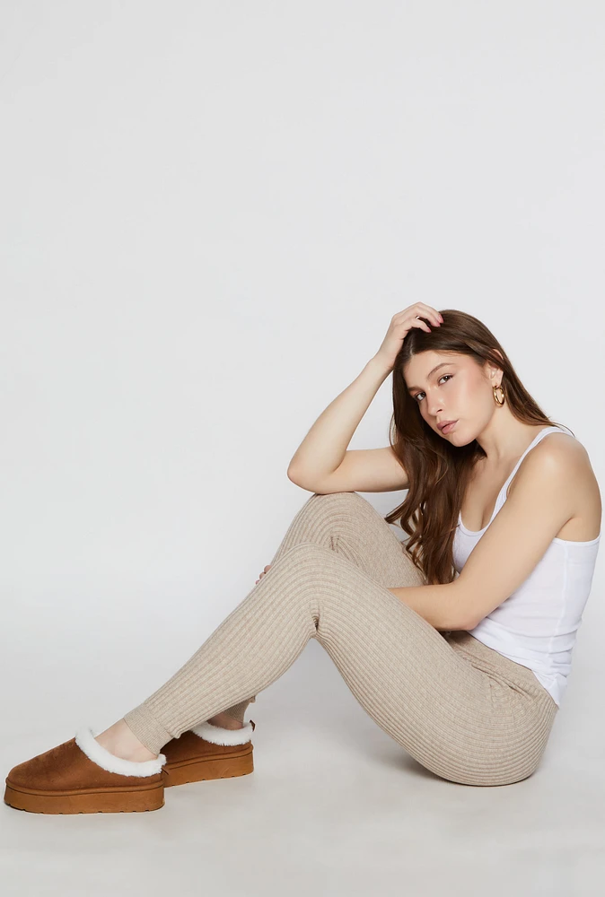 Womens Brushed Knit Shadow Stripe High Waist Leggings, Khaki, Size L