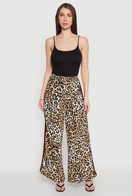 Womens Varsity Stripe Leopard Print Pants, Brown,