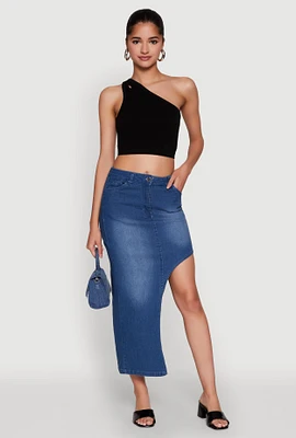 Womens Asymmetrical Denim Maxi Skirt, Blue, Size L