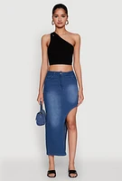 Womens Asymmetrical Denim Maxi Skirt, Blue, Size M