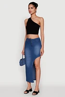 Womens Asymmetrical Denim Maxi Skirt, Blue, Size M