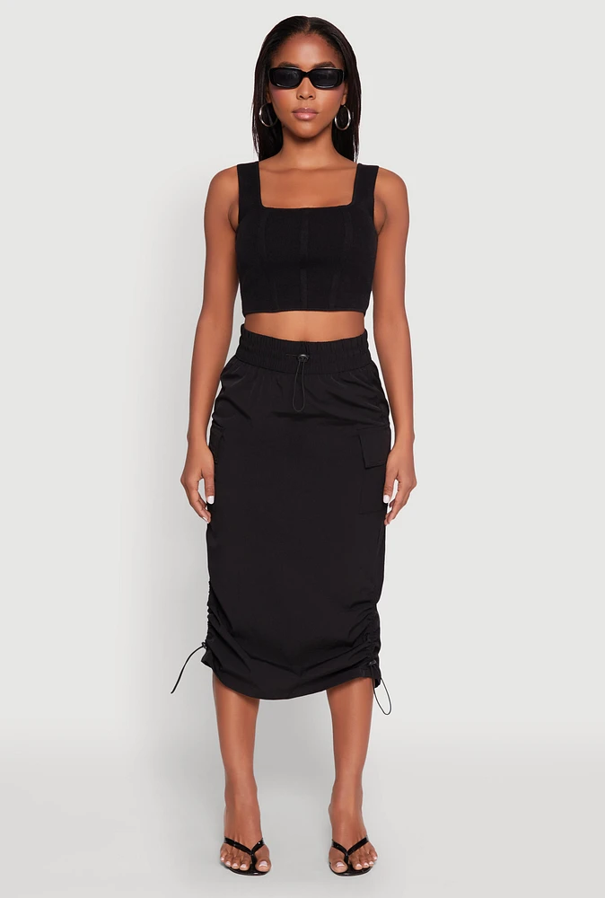 Womens Toggle Drawstring Nylon Cargo Skirt, Black, Size L