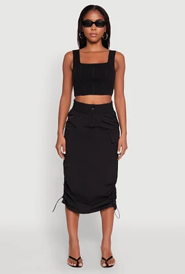 Womens Toggle Drawstring Nylon Cargo Skirt, Black, Size L