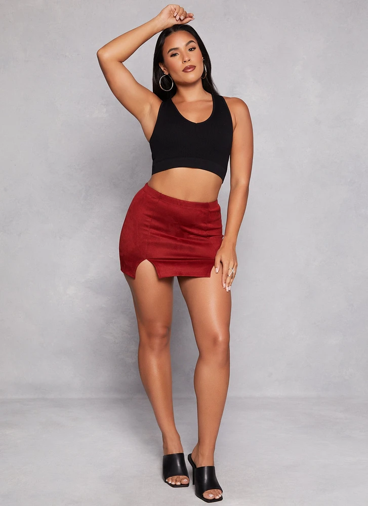 Womens Faux Suede Double Slit High Waist Mini Skirt, Burgundy, Size S