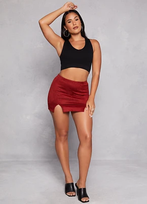 Womens Faux Suede Double Slit High Waist Mini Skirt, Burgundy, Size M