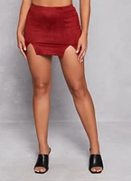Womens Faux Suede Double Slit High Waist Mini Skirt, Burgundy, Size S